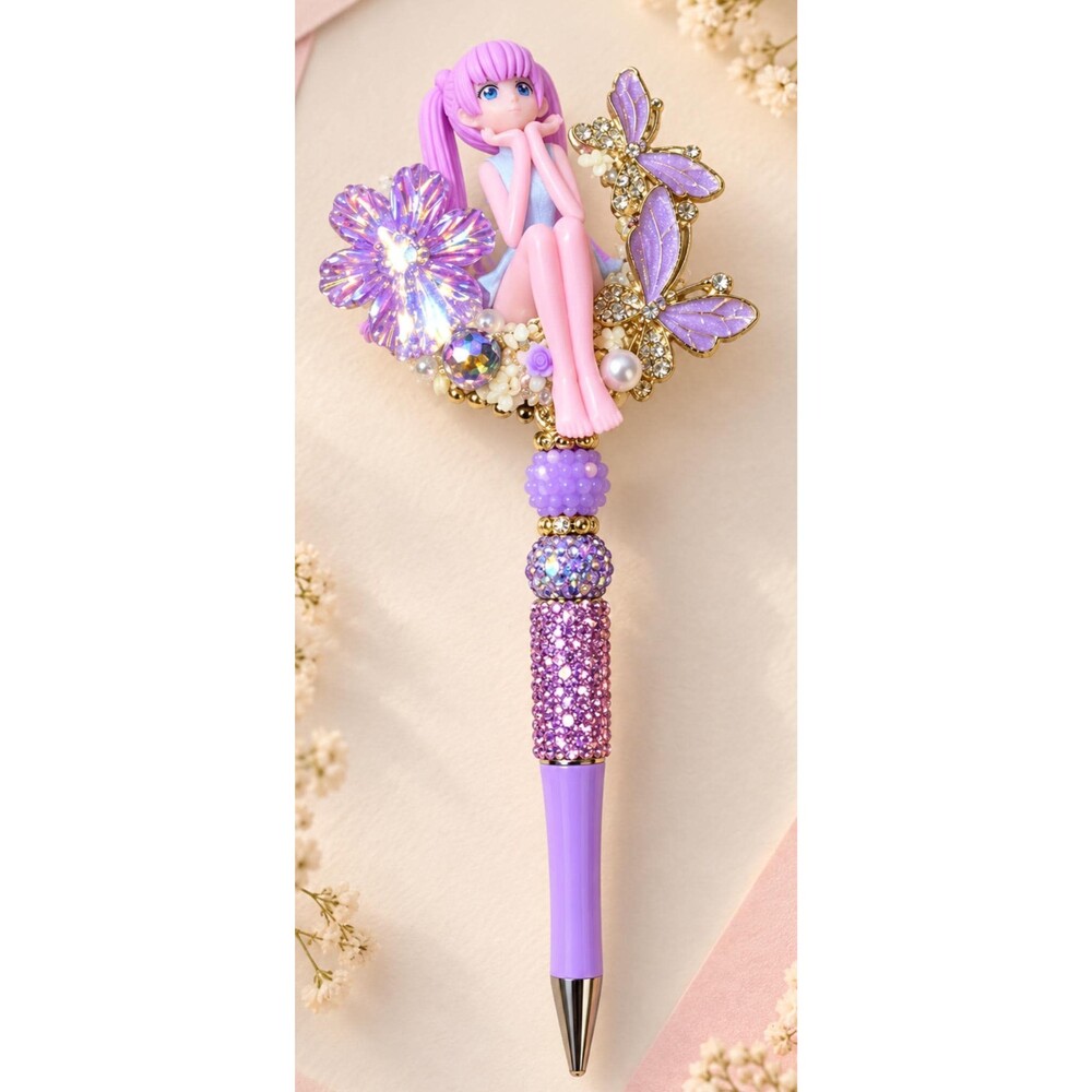 Lavender Doll Butterfly Pen, Purple Rhinestone Beaded Pen